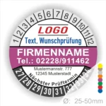 Lila Prüfplakette mit Monats- und Jahresring zur Kennzeichnung des nächsten Prüftermins, individuell bedruckbar mit Firmenname, Telefonnummer, Logo und Wunschtext. Selbstklebender Prüfaufkleber für Wartung, Sicherheit und Betriebsmittelprüfung.