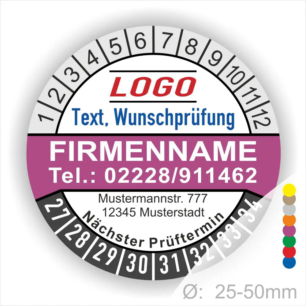 Lila Prüfplakette mit Monats- und Jahresring zur Kennzeichnung des nächsten Prüftermins, individuell bedruckbar mit Firmenname, Telefonnummer, Logo und Wunschtext. Selbstklebender Prüfaufkleber für Wartung, Sicherheit und Betriebsmittelprüfung.