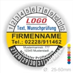Gelbe runde Prüfplakette mit Monats- und Jahresring, personalisierbar mit Firmenname, Logo, Telefonnummer und Wunschtext. Selbstklebender Prüfaufkleber zur Dokumentation von Wartung, Prüfung und nächstem Prüftermin.