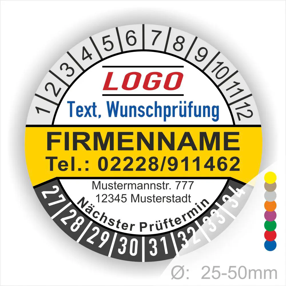 Gelbe runde Prüfplakette mit Monats- und Jahresring, personalisierbar mit Firmenname, Logo, Telefonnummer und Wunschtext. Selbstklebender Prüfaufkleber zur Dokumentation von Wartung, Prüfung und nächstem Prüftermin.