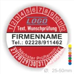 Rot Prüfplakette mit Monats- und Jahresring zur Kennzeichnung des nächsten Prüftermins, personalisierbar mit Firmenname, Logo, Telefonnummer und Wunschtext. Selbstklebender Prüfaufkleber für Wartung, Sicherheitsprüfung und Betriebsmittelkennzeichnung.