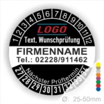 Schwarz Prüfplakette mit Monats- und Jahresring zur Kennzeichnung des nächsten Prüftermins, personalisierbar mit Firmenname, Logo, Telefonnummer und Wunschtext. Selbstklebender Prüfaufkleber für Wartung, Sicherheitsprüfung und Betriebsmittelkennzeichnung.
