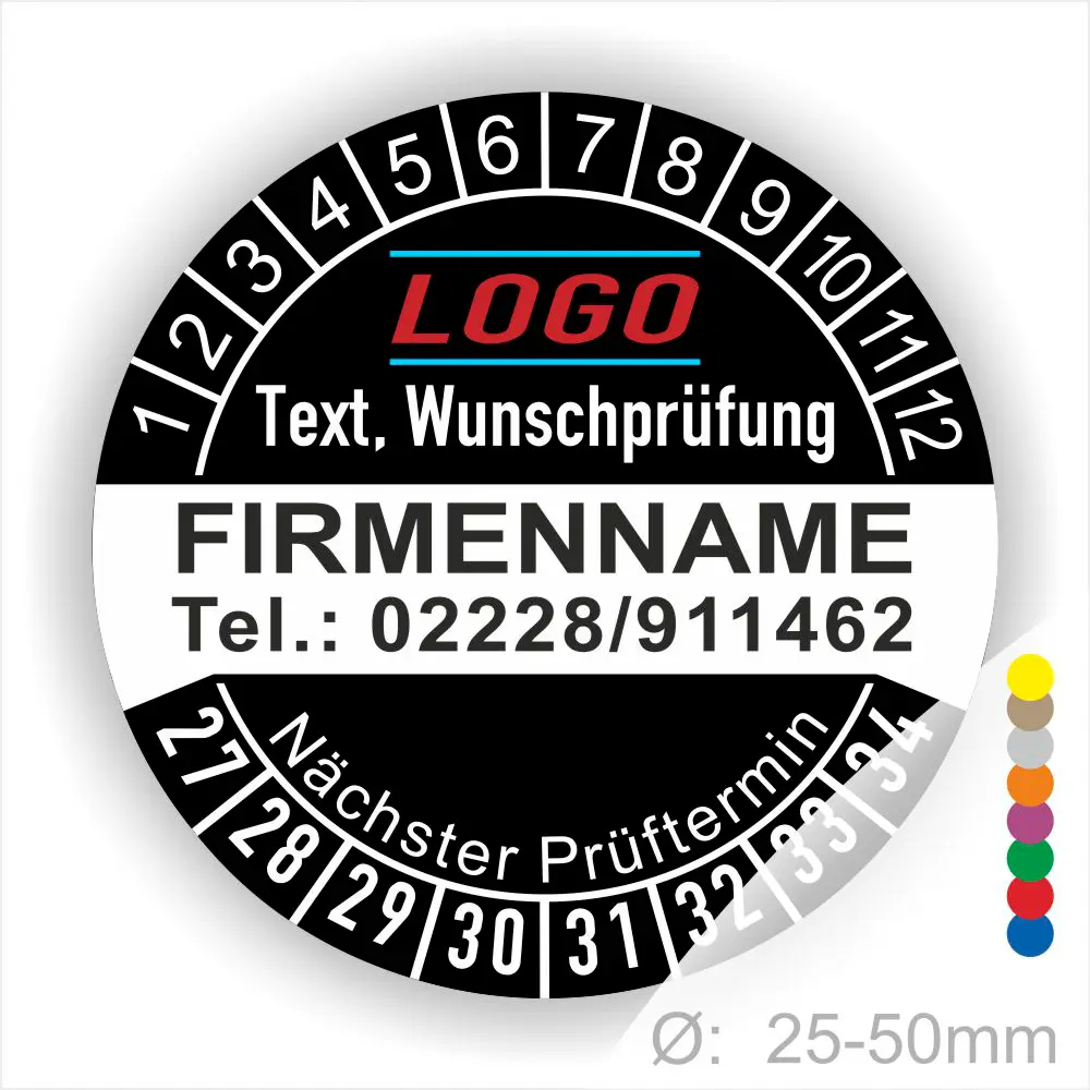 Schwarz Prüfplakette mit Monats- und Jahresring zur Kennzeichnung des nächsten Prüftermins, personalisierbar mit Firmenname, Logo, Telefonnummer und Wunschtext. Selbstklebender Prüfaufkleber für Wartung, Sicherheitsprüfung und Betriebsmittelkennzeichnung.