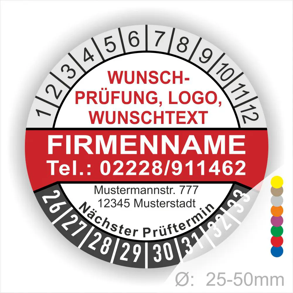 Rote Prüfplakette mit Monats- und Jahresring, personalisierbar mit Firmenname, Telefonnummer, Logo und Wunschtext. Selbstklebender Prüfaufkleber zur Dokumentation von Sicherheitsprüfung, Wartung und nächstem Prüftermin.