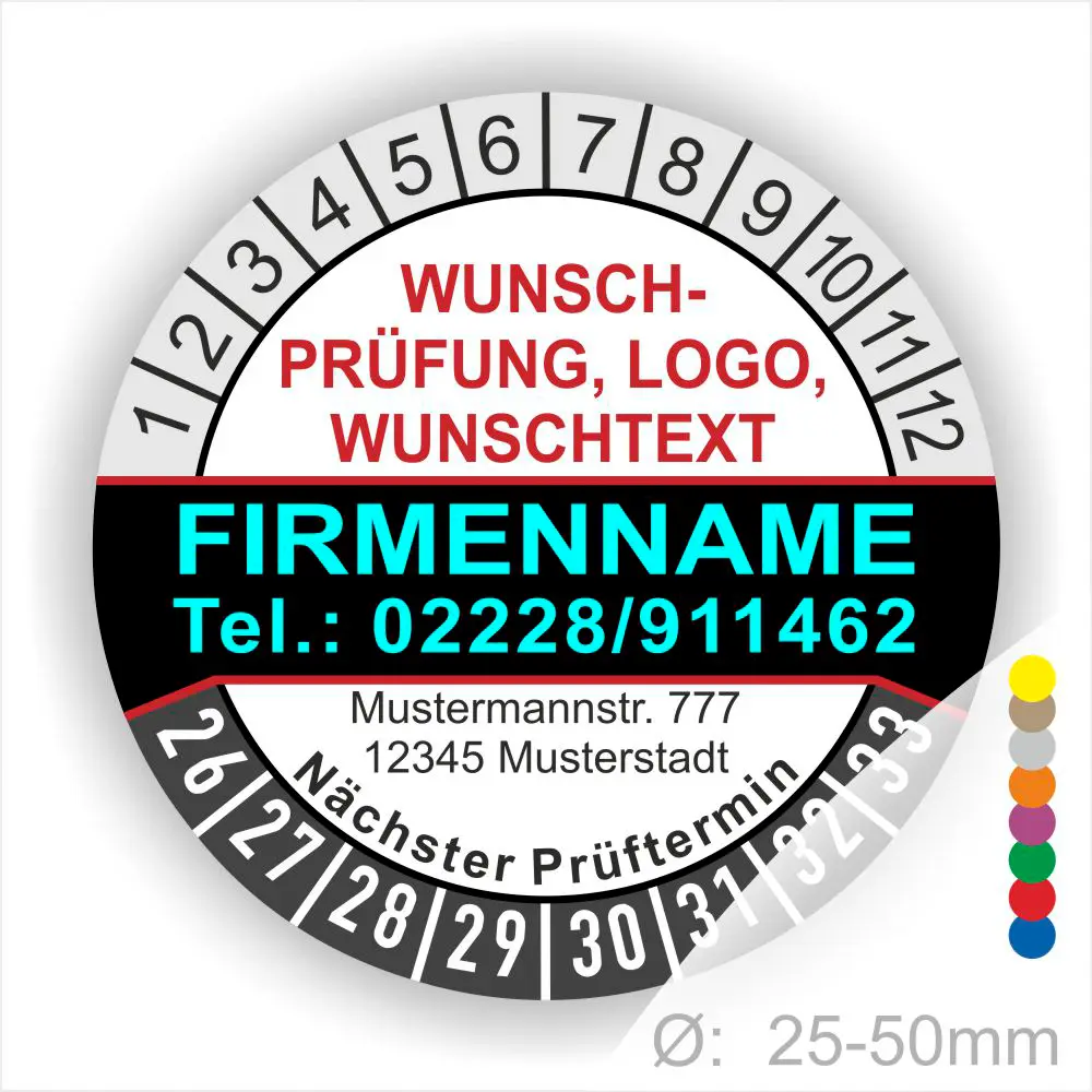 Schwarze Prüfplakette mit Monats- und Jahresring, individuell bedruckbar mit Firmenname, Telefonnummer, Logo und Wunschtext. Selbstklebender Prüfaufkleber zur Kennzeichnung von Wartung, Sicherheitsprüfung und nächstem Prüftermin.