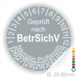 Prüfsiegel nach BetrSichV für Geräte mit einem Durchmesser von 20-50 mm, inklusive nächstem Prüftermin und farblichen Markierungen.