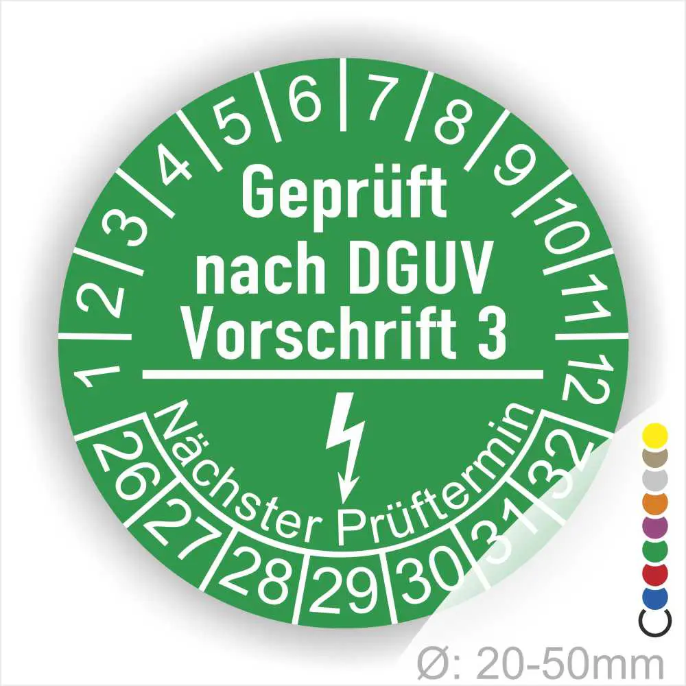 Grüne Prüfplakette mit Aufschrift "Geprüft nach DGUV Vorschrift 3", zeigt den nächsten Prüftermin und ist für Durchmesser von 20-50 mm geeignet.