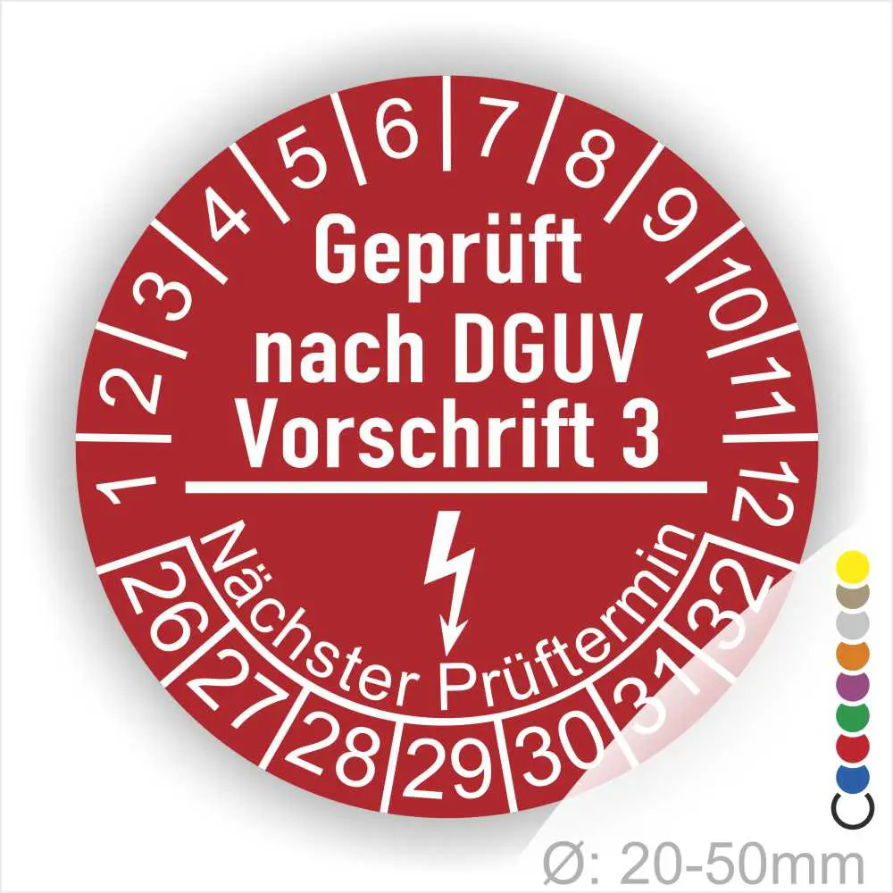 Runder Prüfaufkleber für elektrische Geräte, geprüft nach DGUV Vorschrift 3, mit Angaben zum nächsten Prüftermin und Durchmesser von 20-50 mm.