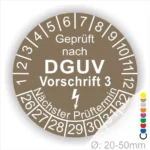 Prüfziffernaufkleber gemäß DGUV Vorschrift 3 zur Kennzeichnung von Prüfintervallen für elektrische Geräte, Durchmesser 20-50 mm.