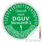 Grünes Prüfzeichen nach DGUV Vorschrift 3 mit Angaben zum nächsten Prüftermin, geeignet für Geräte mit einem Durchmesser von 20-50 mm.