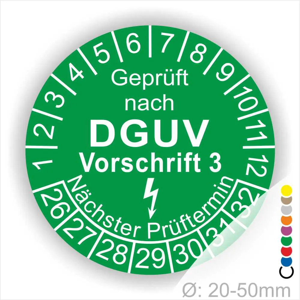 Grünes Prüfzeichen nach DGUV Vorschrift 3 mit Angaben zum nächsten Prüftermin, geeignet für Geräte mit einem Durchmesser von 20-50 mm.