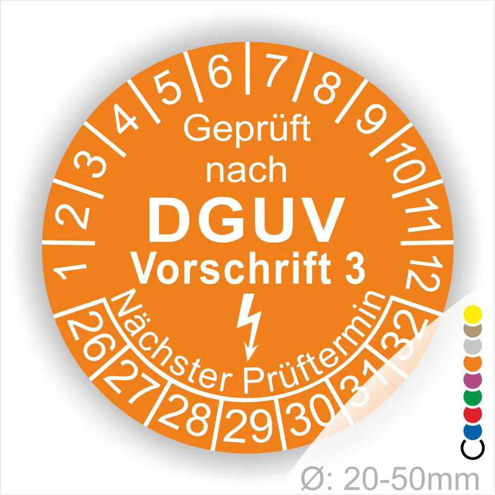 Prüfziffern für DGUV Vorschrift 3 auf einem orangefarbenen Prüfaufkleber, der den nächsten Prüftermin anzeigt. Geeignet für Durchmesser von 20-50 mm.