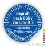 Prüfsiegel nach DGUV Vorschrift 3, blaues rundes Etikett mit nächstem Prüftermin und Zahlen von 1 bis 30, geeignet für Geräte mit einem Durchmesser von 20-50 mm.