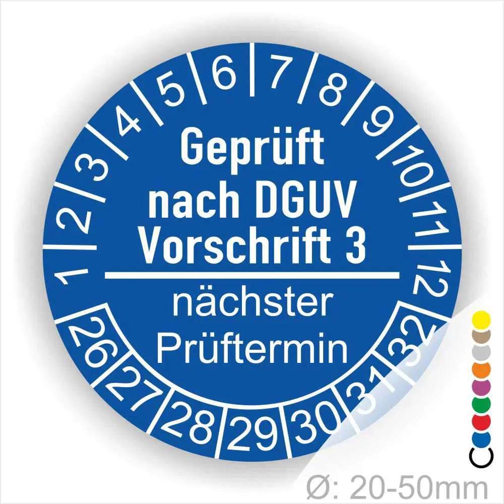 Prüfsiegel nach DGUV Vorschrift 3, blaues rundes Etikett mit nächstem Prüftermin und Zahlen von 1 bis 30, geeignet für Geräte mit einem Durchmesser von 20-50 mm.
