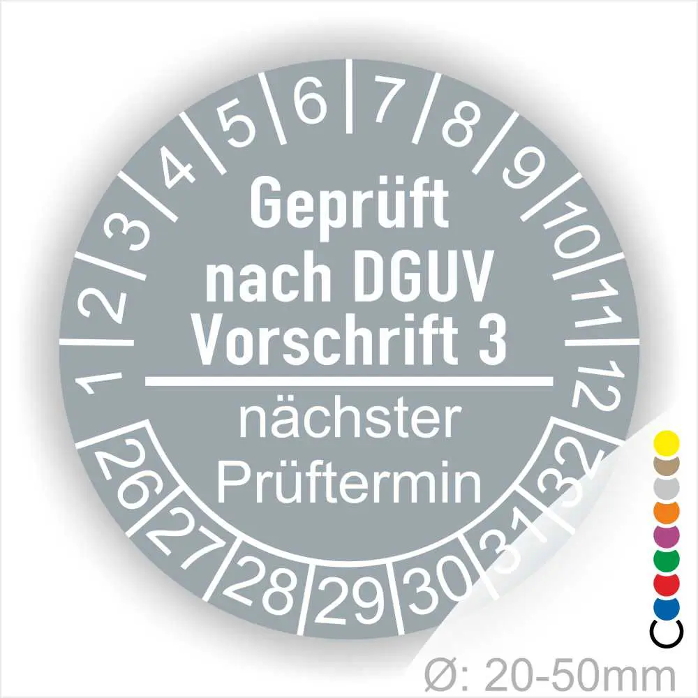 Prüfsiegel nach DGUV Vorschrift 3 für Geräte mit einem Durchmesser von 20-50 mm, zeigt den nächsten Prüftermin an.