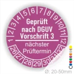 Runder Prüfaufkleber in lila, der die Prüfung nach DGUV Vorschrift 3 dokumentiert, mit Angaben zum nächsten Prüftermin und einem Durchmesser von 20-50 mm.