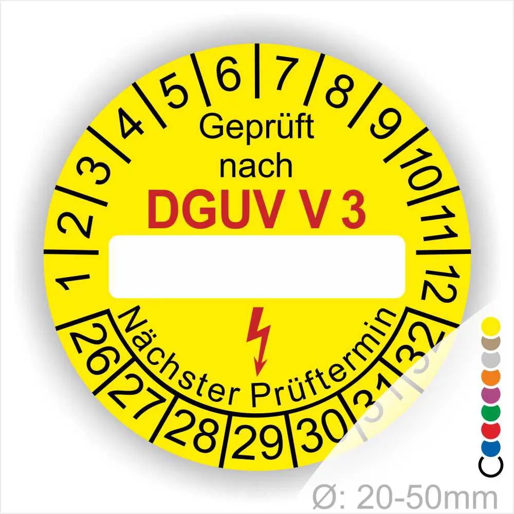 DGUV V3 Prüfplakette gelb mit Beschriftungsfeld, geprüft nach DGUV V3, Startjahr 2026, Monats- und Jahresring zur Markierung des nächsten Prüftermins