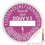 Prüfsiegel nach DGUV V3 in lila für Geräte mit einem Durchmesser von 20-50 mm. Zeigt den nächsten Prüftermin an und dient der Sicherheit von elektrischen Geräten.