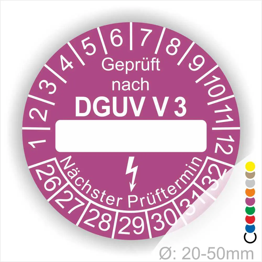 Prüfsiegel nach DGUV V3 in lila für Geräte mit einem Durchmesser von 20-50 mm. Zeigt den nächsten Prüftermin an und dient der Sicherheit von elektrischen Geräten.
