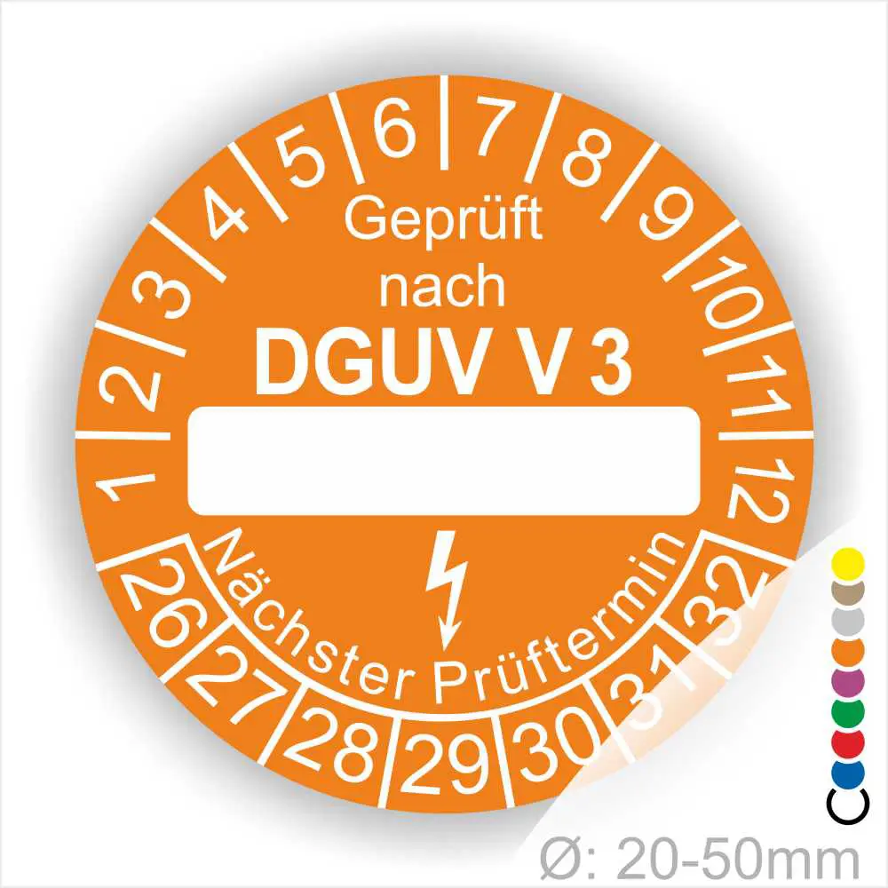 Prüfsiegel nach DGUV V3 in Orange mit Platz für das nächste Prüfdatum, geeignet für Geräte mit einem Durchmesser von 20-50 mm.
