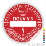 Runder roter Prüfaufkleber mit der Aufschrift "Geprüft nach DGUV V3" und Platz für das Datum des nächsten Prüftermins. Der Aufkleber zeigt eine Skala von 1 bis 12 sowie die Zahlen 26 bis 32, geeignet für Geräteprüfungen zwischen 20 und 50 mm Durchmesser.