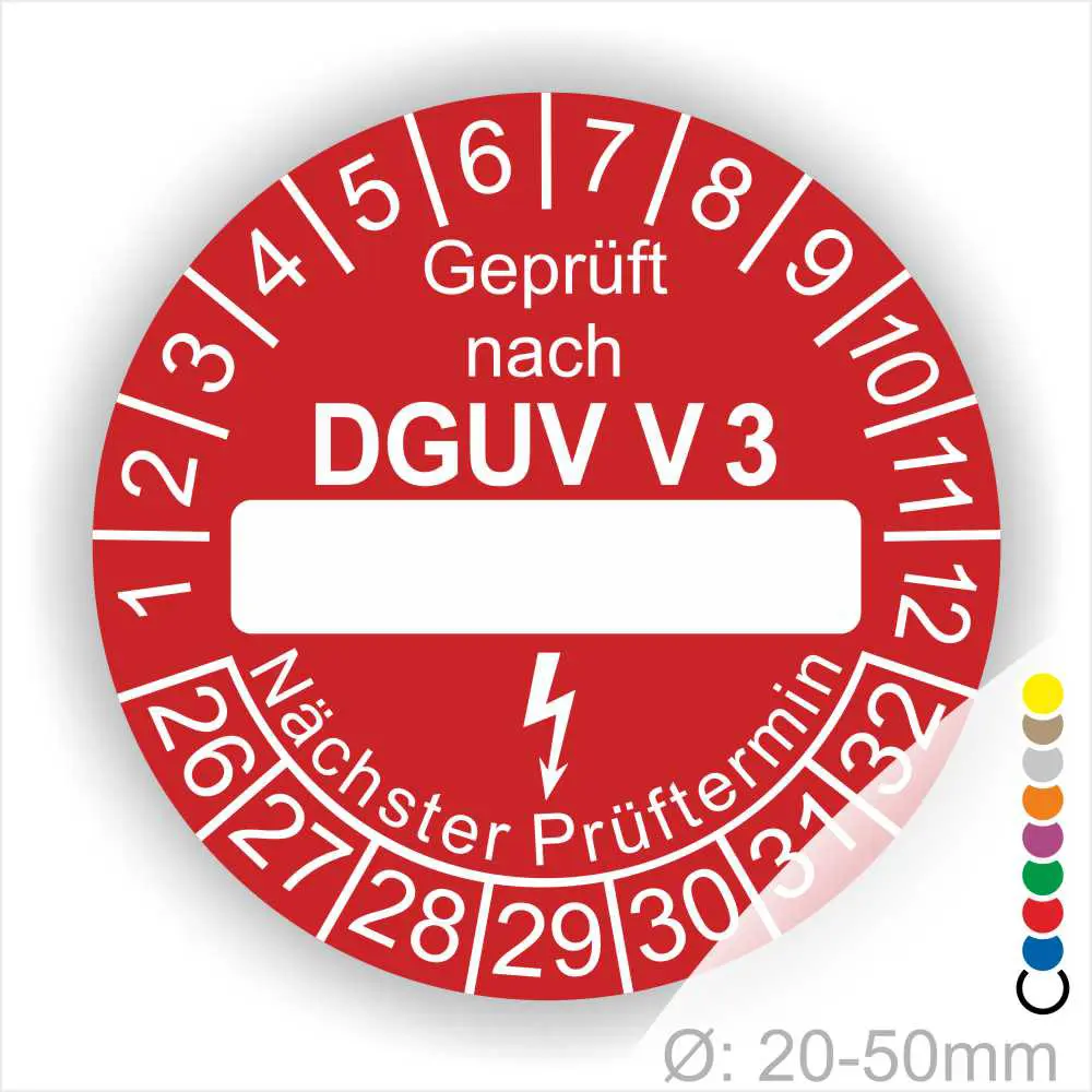 Runder roter Prüfaufkleber mit der Aufschrift "Geprüft nach DGUV V3" und Platz für das Datum des nächsten Prüftermins. Der Aufkleber zeigt eine Skala von 1 bis 12 sowie die Zahlen 26 bis 32, geeignet für Geräteprüfungen zwischen 20 und 50 mm Durchmesser.