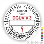 Prüfsiegel DGUV V3 zur Kennzeichnung von elektrischen Geräten, mit Platz für das Datum des nächsten Prüftermins und einem Durchmesser von 20-50 mm.