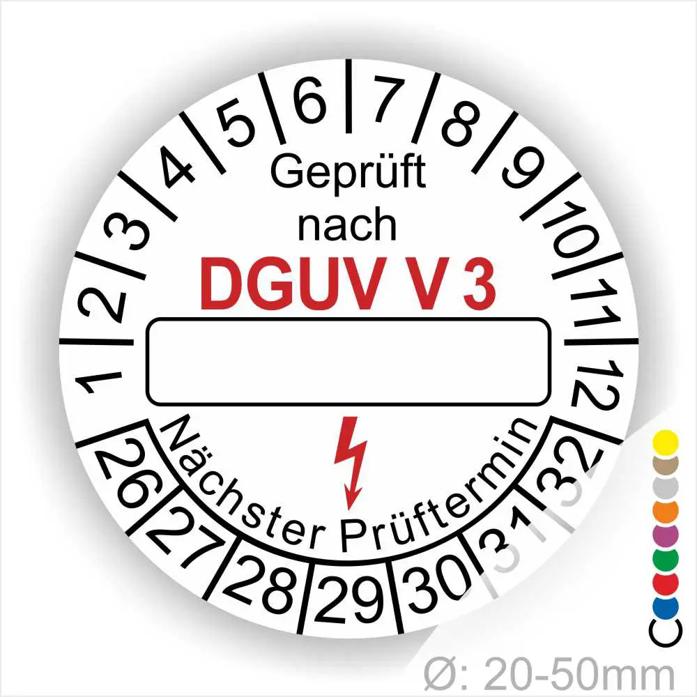 Prüfsiegel DGUV V3 zur Kennzeichnung von elektrischen Geräten, mit Platz für das Datum des nächsten Prüftermins und einem Durchmesser von 20-50 mm.