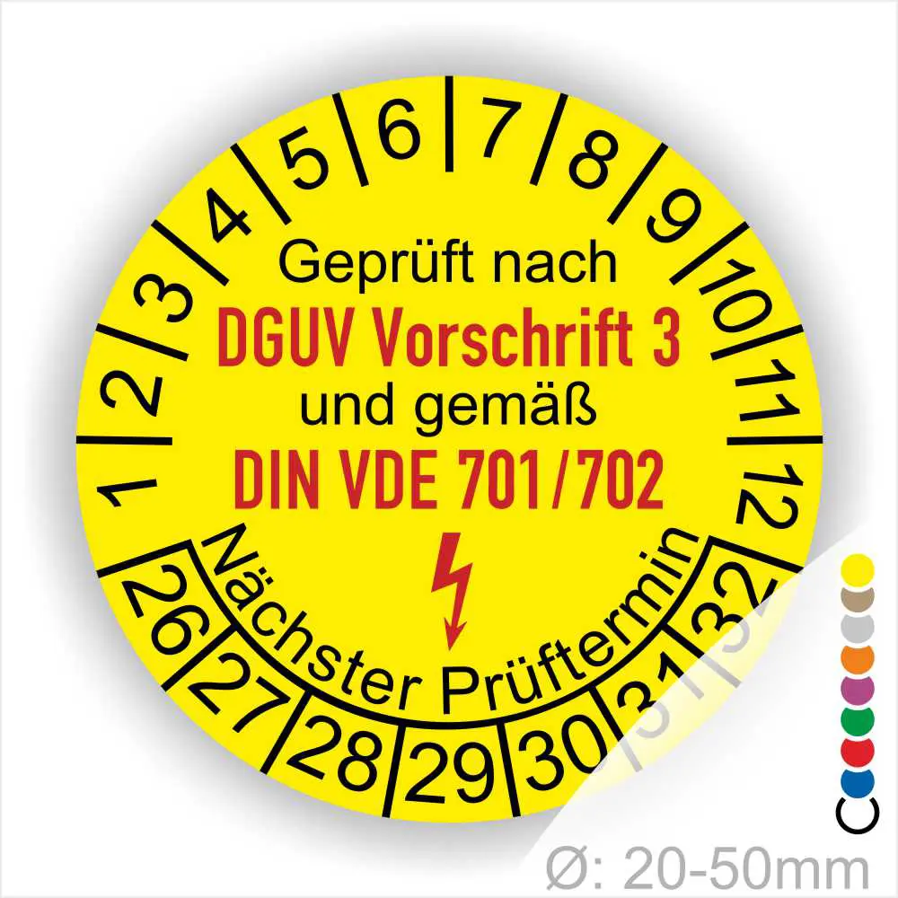 Prüfplakette rund mit Text geprüft nach DGUV Vorschrift 3 und gemäß DIN VDE 701/702 danach Elektropfeil in Rot und Text Nächster Prüftermin. Plaketten Farbe- Gelb und Text in Schwarz außen DGUV und VDE in Rot. Monatszahlen oben und Jahreszahlen unten beginnend mit Startjahr- 2026. Durchmesser 20-50mm frei wählbar.