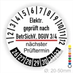 Bild eines Prüfaufklebers für elektrische Geräte, der nach der BetrSichV und DGUV 3/4 geprüft wurde. Der Aufkleber zeigt den nächsten Prüftermin und hat einen Durchmesser von 20-50 mm.