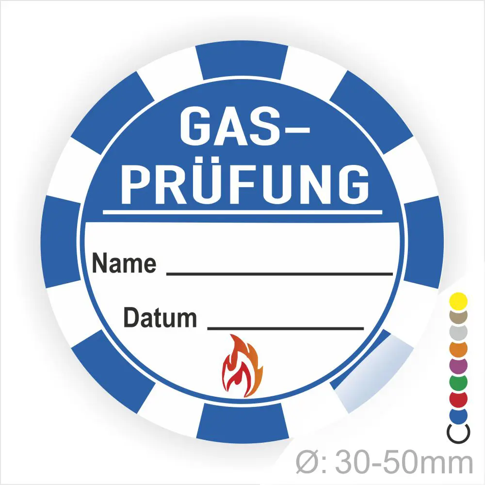 Runder Aufkleber für Gasprüfungen mit Platz für Name und Datum, blaues Design mit Feuer-Symbol, Durchmesser 30-50mm.