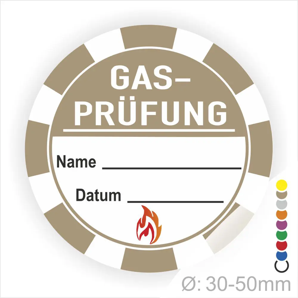 Alt-Text: Rundes Etikett für Gasprüfungen mit Platz für Name und Datum, gekennzeichnet durch ein Flammensymbol. Durchmesser von 30-50 mm, ideal für Sicherheitsanwendungen.