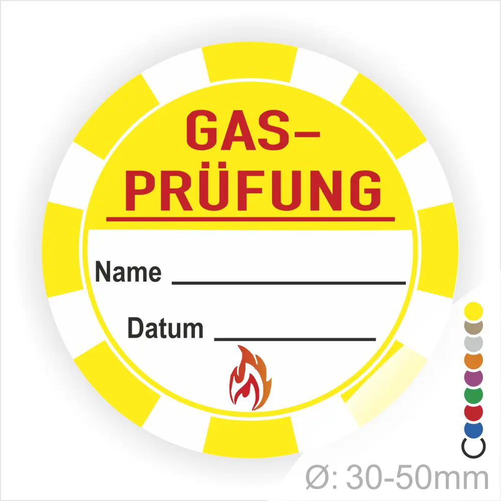 Gelbes Schild für Gasprüfungen mit Platz für Name und Datum, Durchmesser von 30-50 mm, inklusive Flammensymbol. Ideal für Sicherheitskennzeichnung in technischen Bereichen.