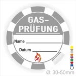 Gasprüfungsaufkleber mit Platz für Name und Datum, Durchmesser von 30-50 mm, geeignet für die Kennzeichnung von Gasprüfungen in gewerblichen und privaten Bereichen.