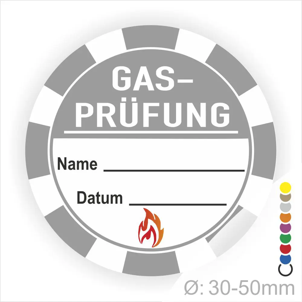 Gasprüfungsaufkleber mit Platz für Name und Datum, Durchmesser von 30-50 mm, geeignet für die Kennzeichnung von Gasprüfungen in gewerblichen und privaten Bereichen.