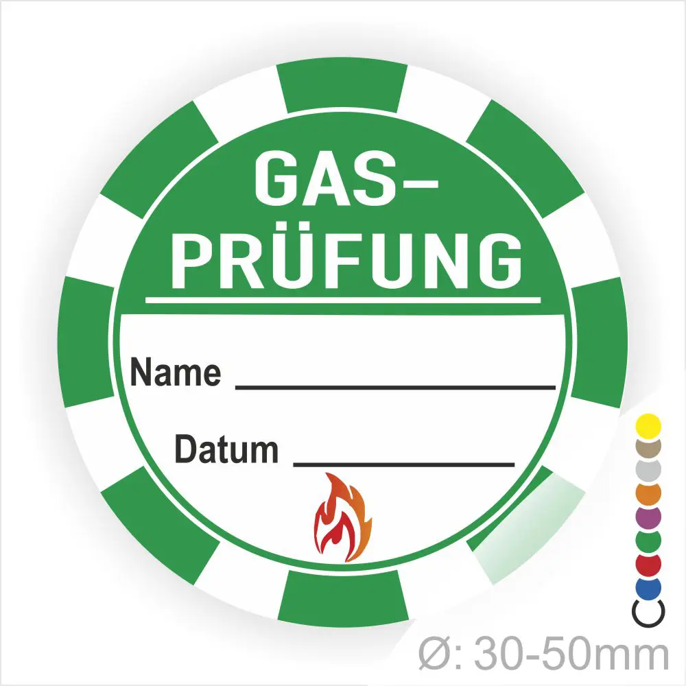 Grünes Aufkleber-Design für Gasprüfungen mit Platz für Name und Datum, Durchmesser 30-50 mm, enthält ein feuerförmiges Symbol. Ideal für Sicherheitskennzeichnungen in der Gasinstallation.