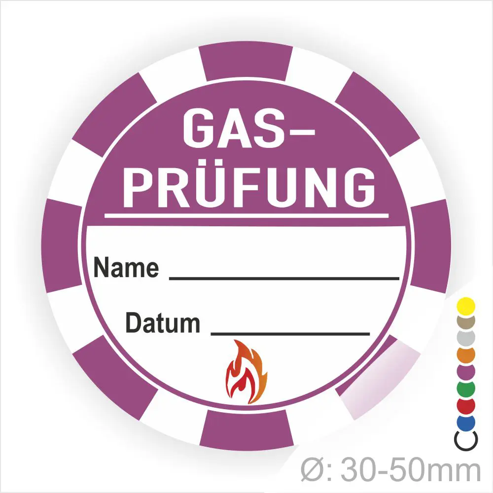 Rundes Aufkleberdesign für die Gasprüfung mit Platz für Name und Datum, inklusive einem Flammensymbol. Durchmesser von 30-50 mm, geeignet für Sicherheitsanwendungen.