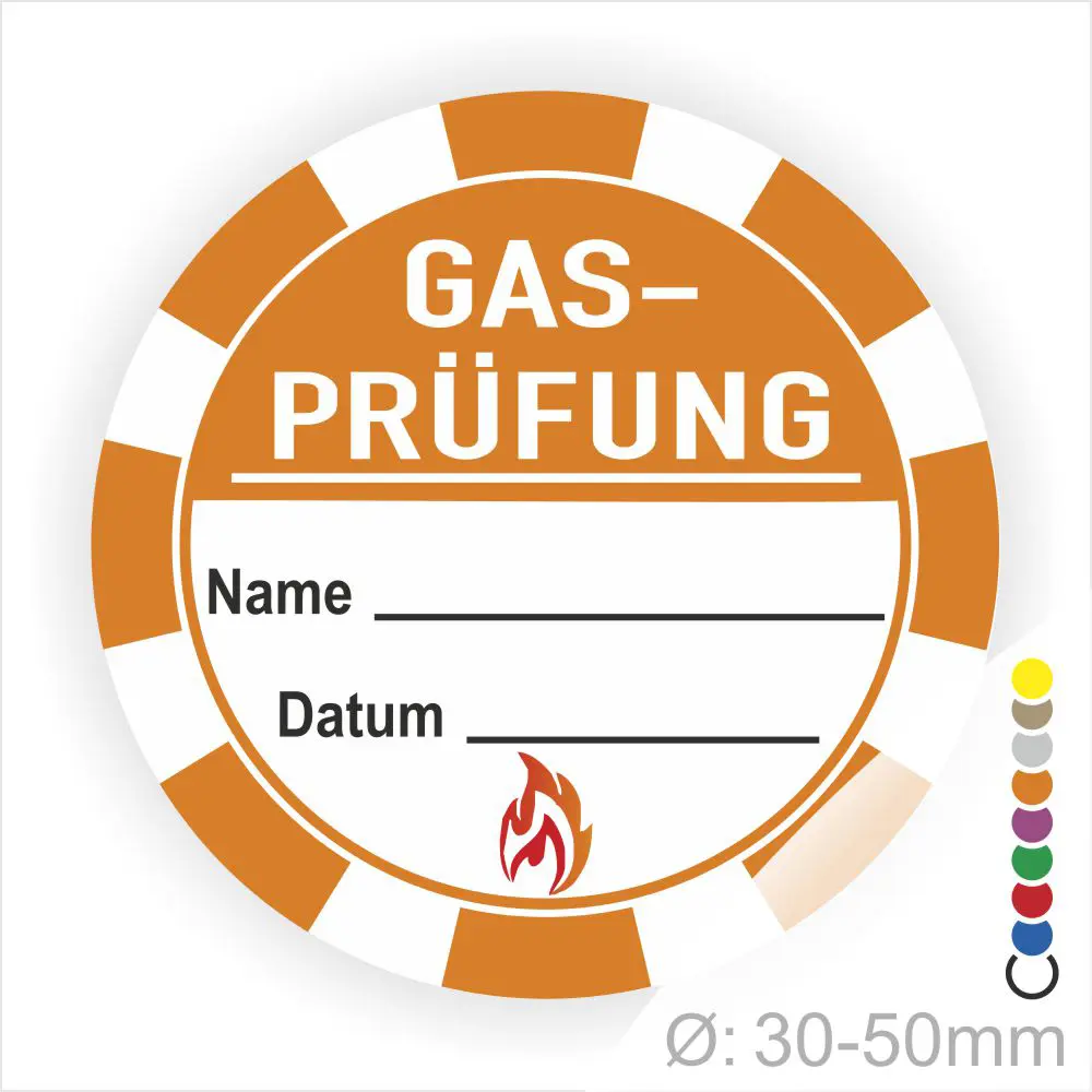 Runder Aufkleber für Gasprüfungen mit Platz für Name und Datum, orangefarbenes Design mit Flammensymbol, Durchmesser 30-50 mm. Ideal für Sicherheitsprüfungen und Dokumentationen.