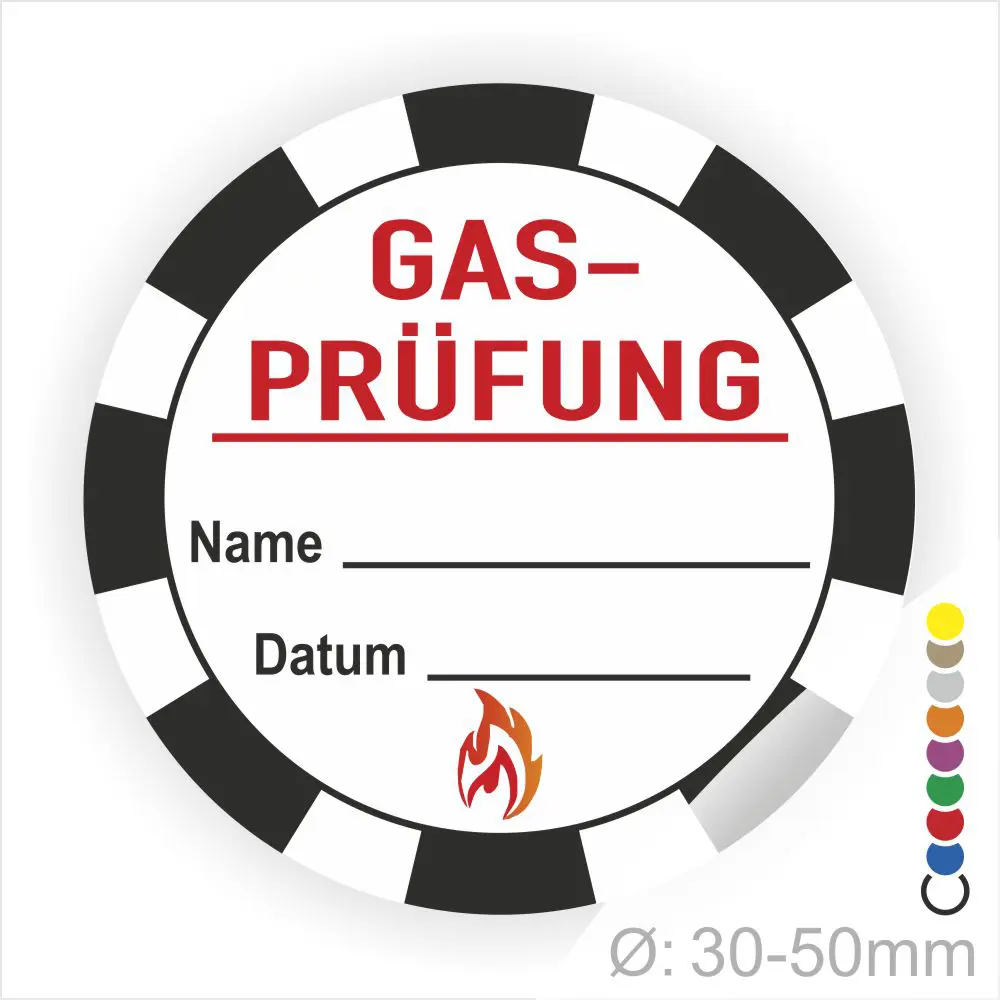 Runder Aufkleber für Gasprüfung mit Platz für Name und Datum, Durchmesser 30-50 mm, Sicherheitskennzeichnung mit Flamme.
