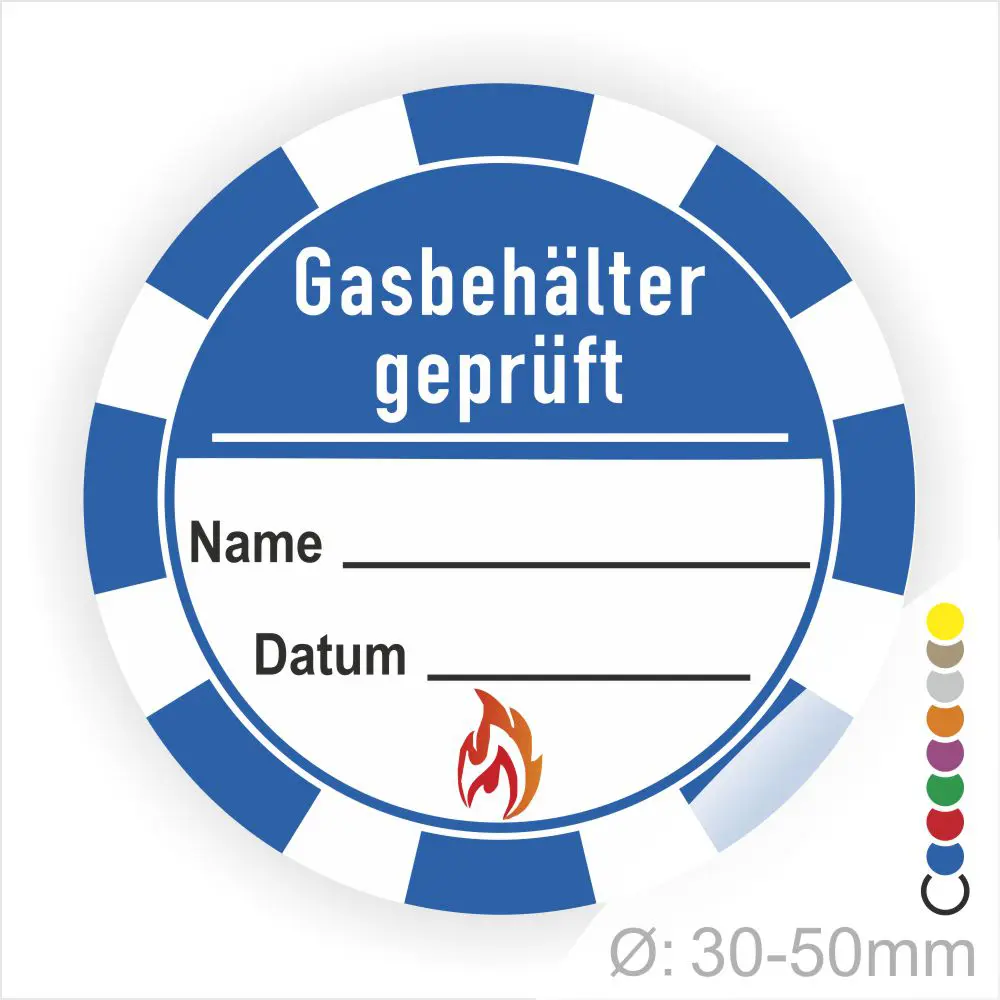 Runder Aufkleber zur Kennzeichnung von geprüften Gasbehältern mit Platz für Name und Datum, Durchmesser 30-50 mm, blau-weißes Design mit Flammensymbol.