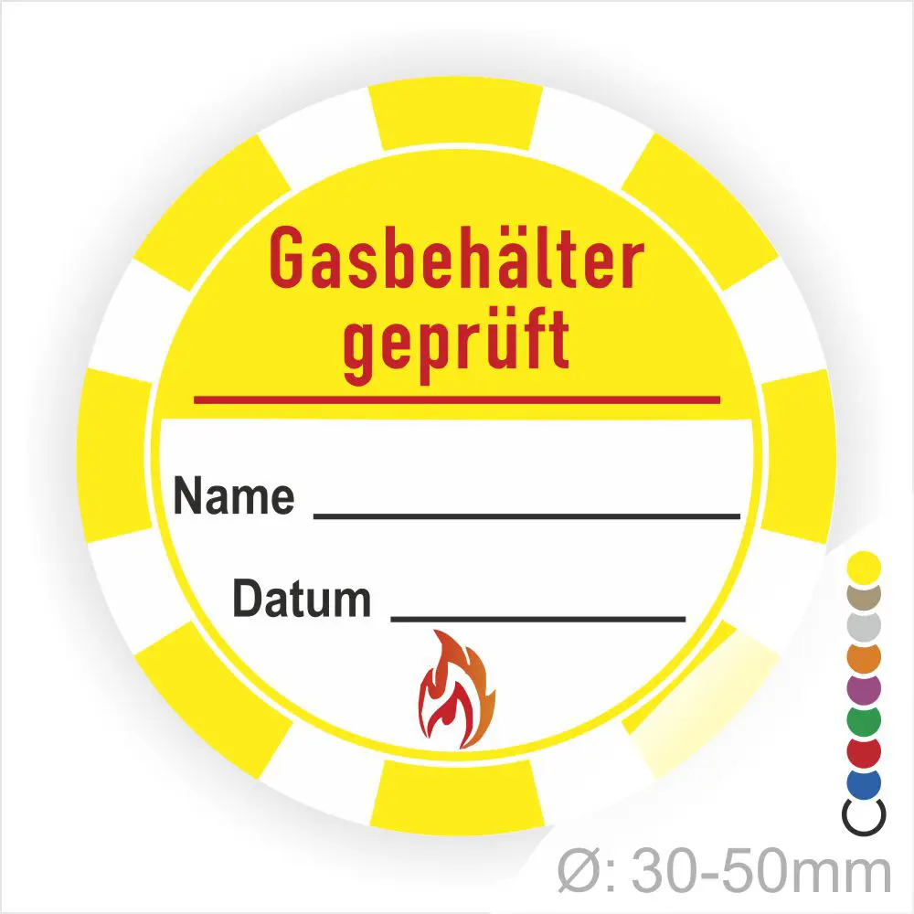 Gasbehälter Prüfaufkleber mit Platz für Name und Datum, gelbes Design mit rotem Text und Flammensymbol, Durchmesser von 30-50 mm.