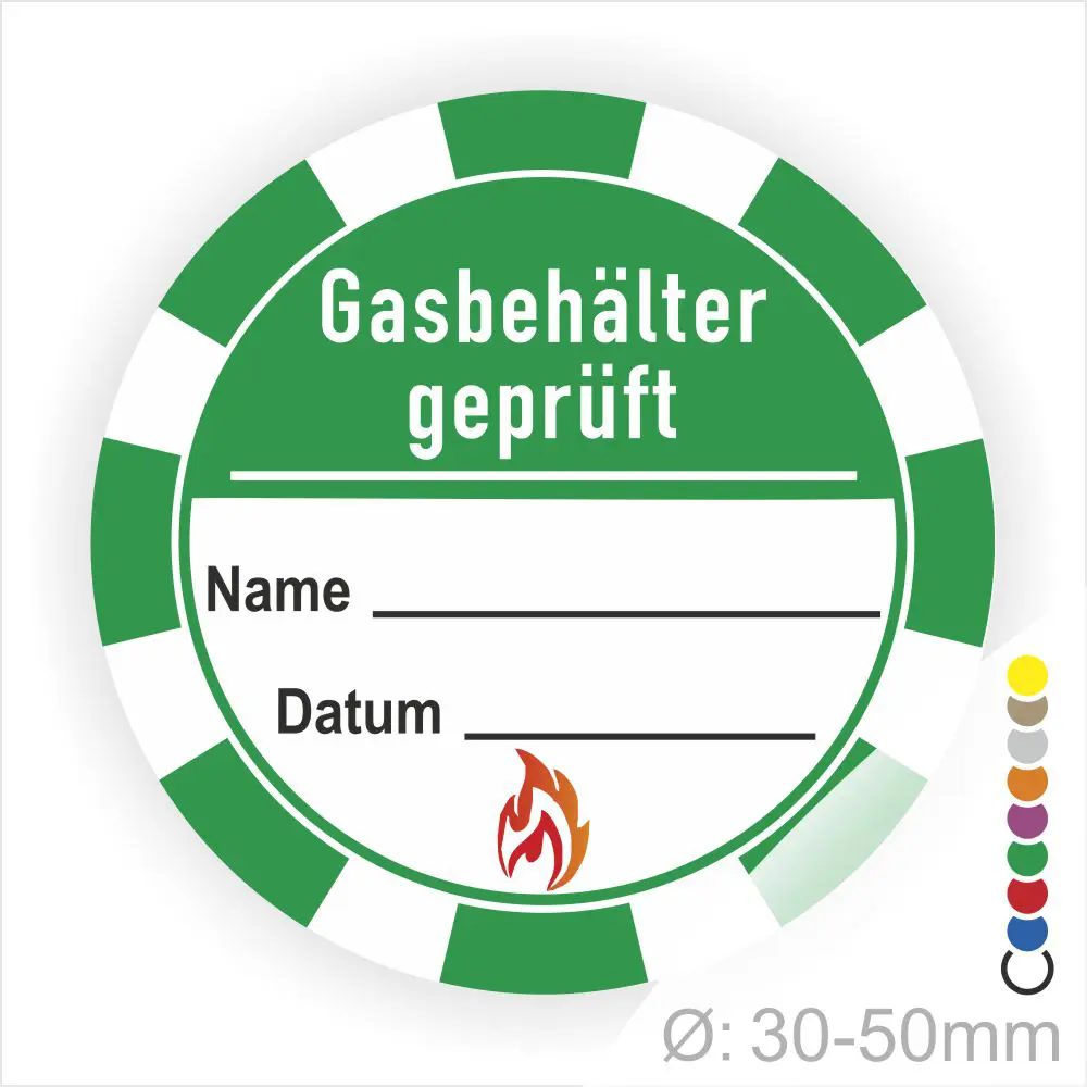 Grüner Aufkleber mit der Aufschrift "Gasbehälter geprüft", Platz für Name und Datum, inklusive Flammensymbol, Durchmesser 30-50 mm. Ideal zur Kennzeichnung von geprüften Gasbehältern.