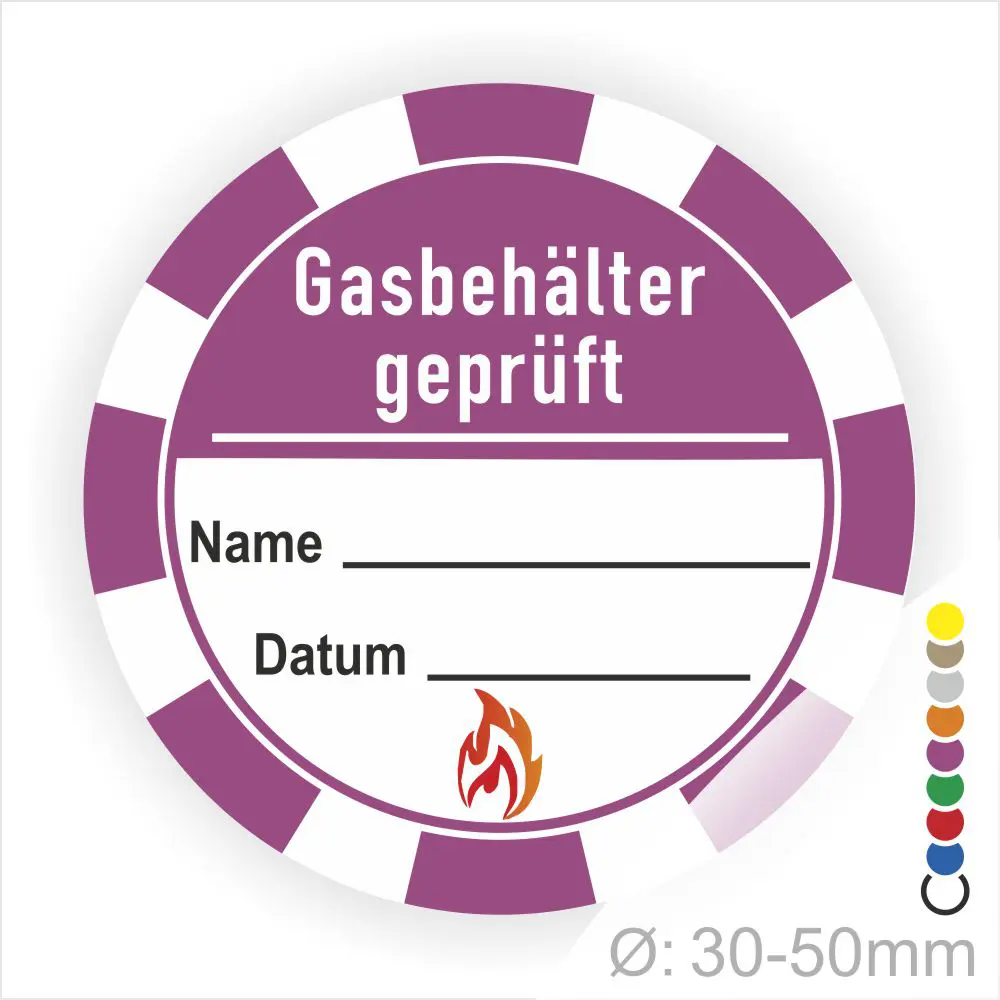 Runder Aufkleber mit der Aufschrift "Gasbehälter geprüft", Platz für Name und Datum, mit einem feuerähnlichen Symbol und Farbvariationen, Durchmesser 30-50 mm.