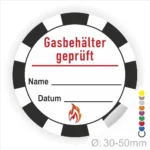 Runder Aufkleber für die Prüfung von Gasbehältern, mit Platz für Name und Datum, Durchmesser 30-50 mm, inklusive Flammensymbol.