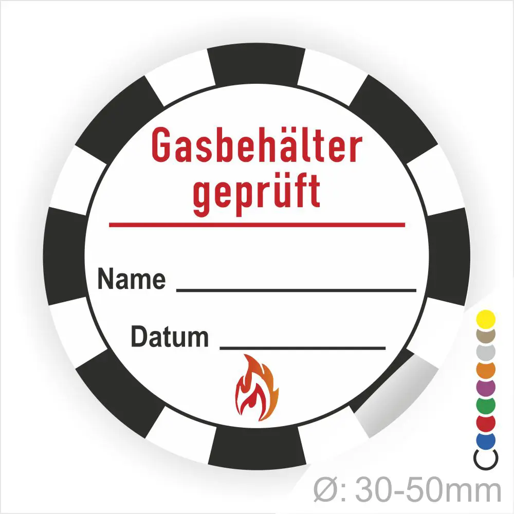 Runder Aufkleber für die Prüfung von Gasbehältern, mit Platz für Name und Datum, Durchmesser 30-50 mm, inklusive Flammensymbol.