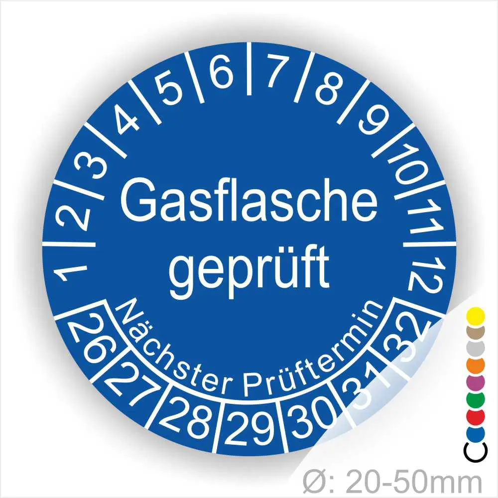 Blaues Prüfzeichen für Gasflaschen mit der Aufschrift "Gasflasche geprüft" und Angaben zum nächsten Prüftermin. Durchmesser von 20-50 mm.