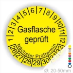 Gelbes Prüfschild für Gasflaschen mit der Aufschrift "Gasflasche geprüft" und Angaben zum nächsten Prüftermin. Durchmesser 20-50 mm.
