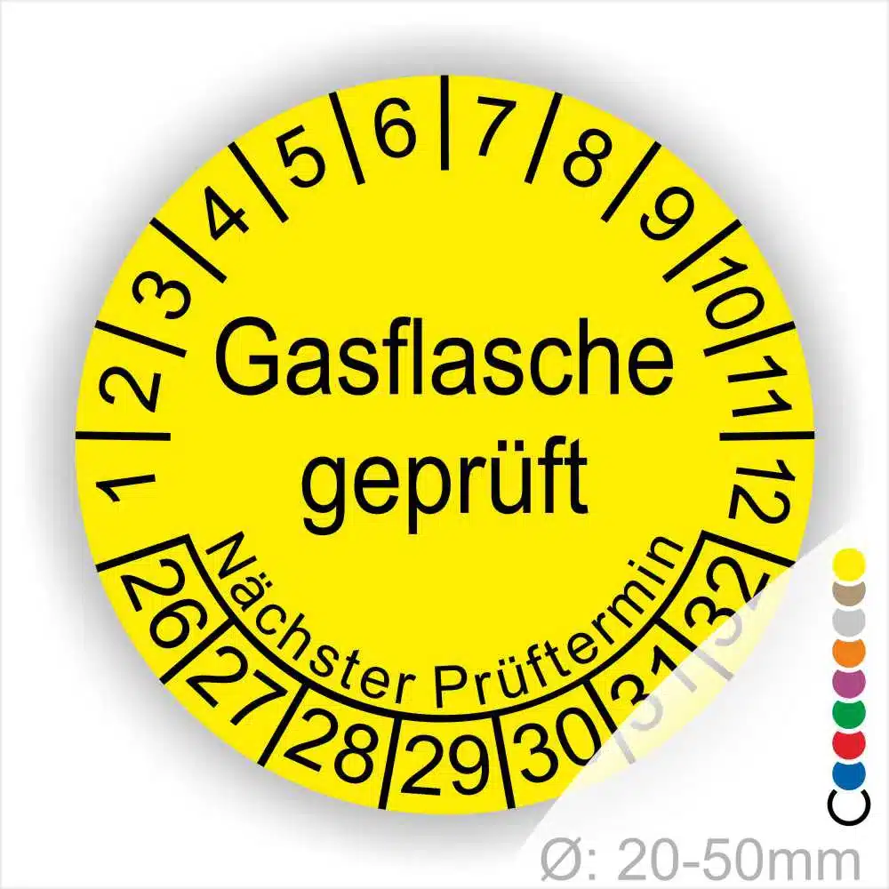 Gelbes Prüfschild für Gasflaschen mit der Aufschrift "Gasflasche geprüft" und Angaben zum nächsten Prüftermin. Durchmesser 20-50 mm.