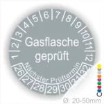 Gasflaschenprüfsiegel mit nächstem Prüftermin, Durchmesser 20-50 mm, zur Kennzeichnung geprüfter Gasflaschen.