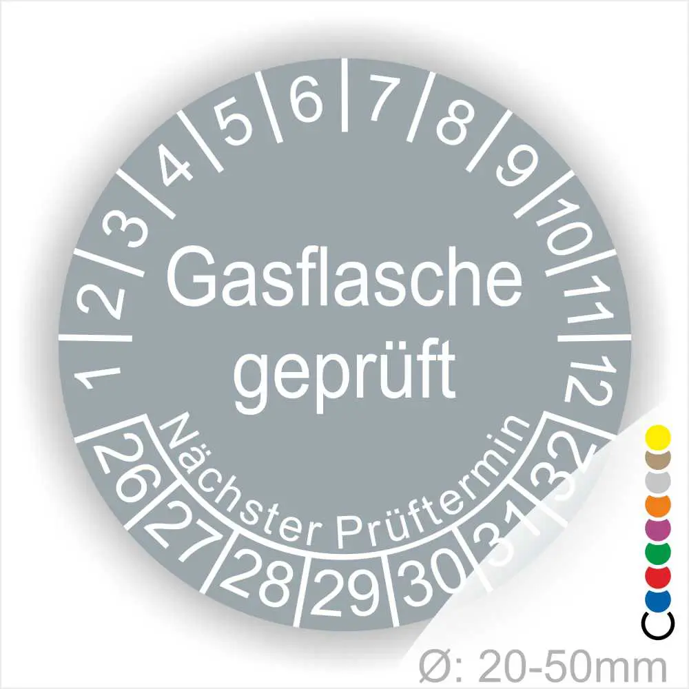 Gasflaschenprüfsiegel mit nächstem Prüftermin, Durchmesser 20-50 mm, zur Kennzeichnung geprüfter Gasflaschen.
